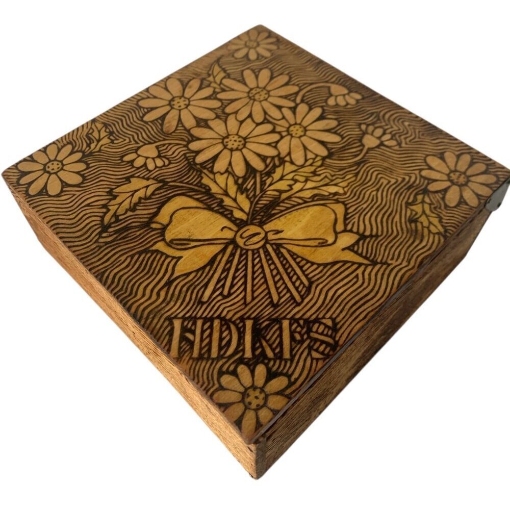 Vintage Wood Burnt Handkerchief Box With Floral & Bow Design Hinged Lid